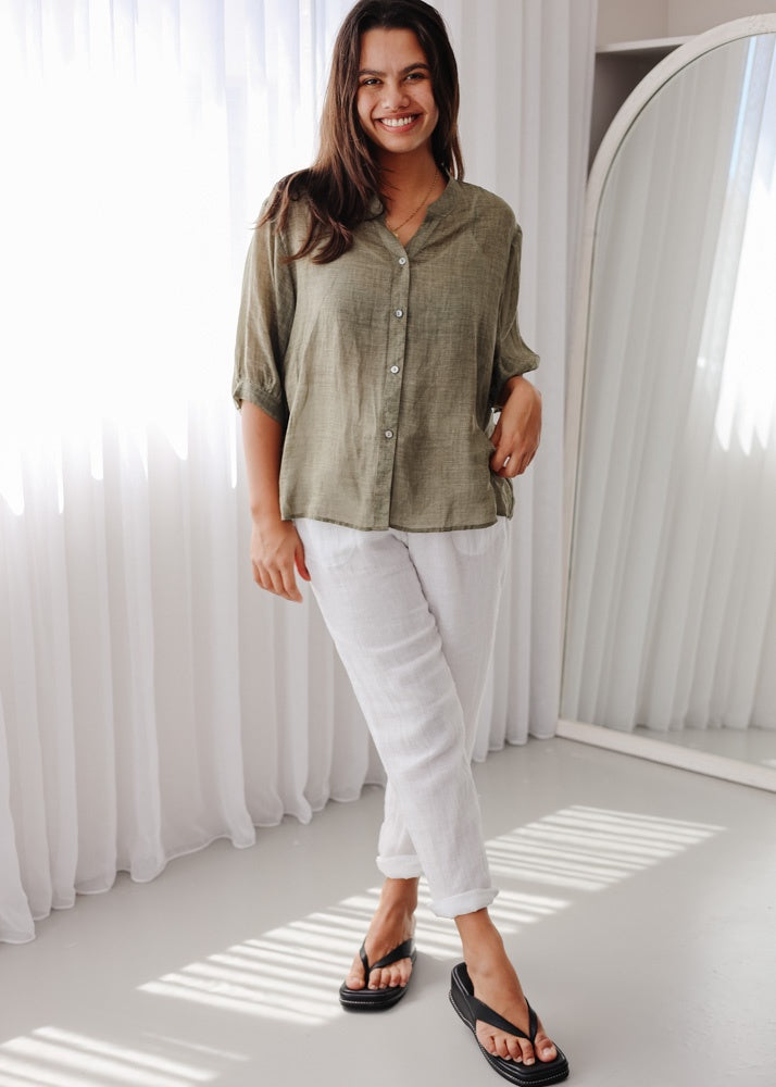 Elena Olive Linen Blouse - Product Image
