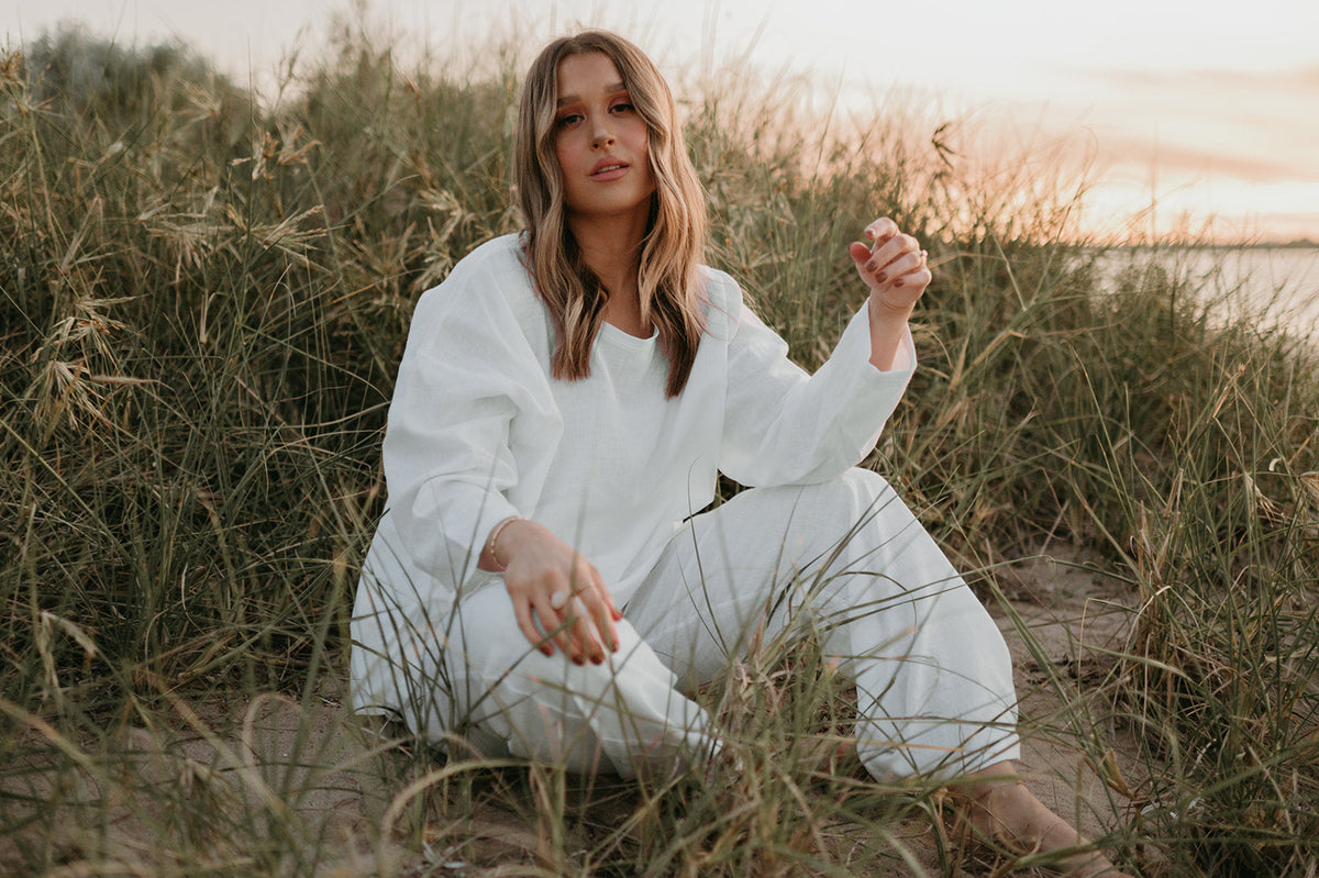 Allegra Linen Top in Dove White - Product Image